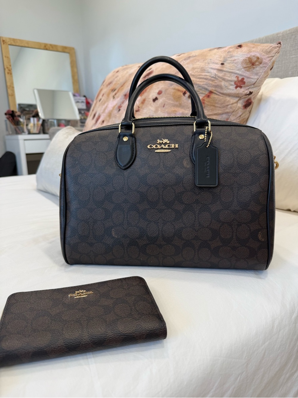 Coach Brown Signature Dome Satchel with Gold Hardware with matching wallet